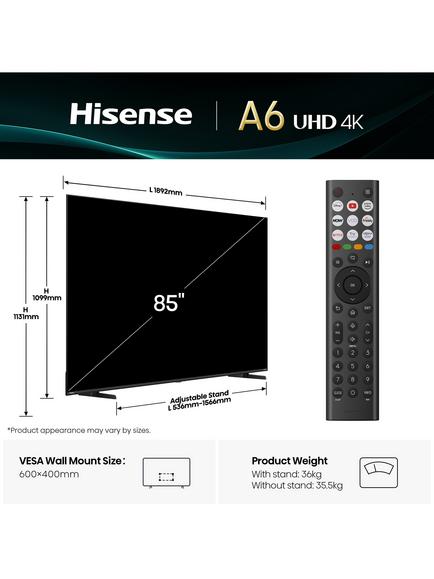 Hisense 85A6QTUK (2025) LED HDR 4K Ultra HD Smart TV, 85 inch, Black - view 2, Black