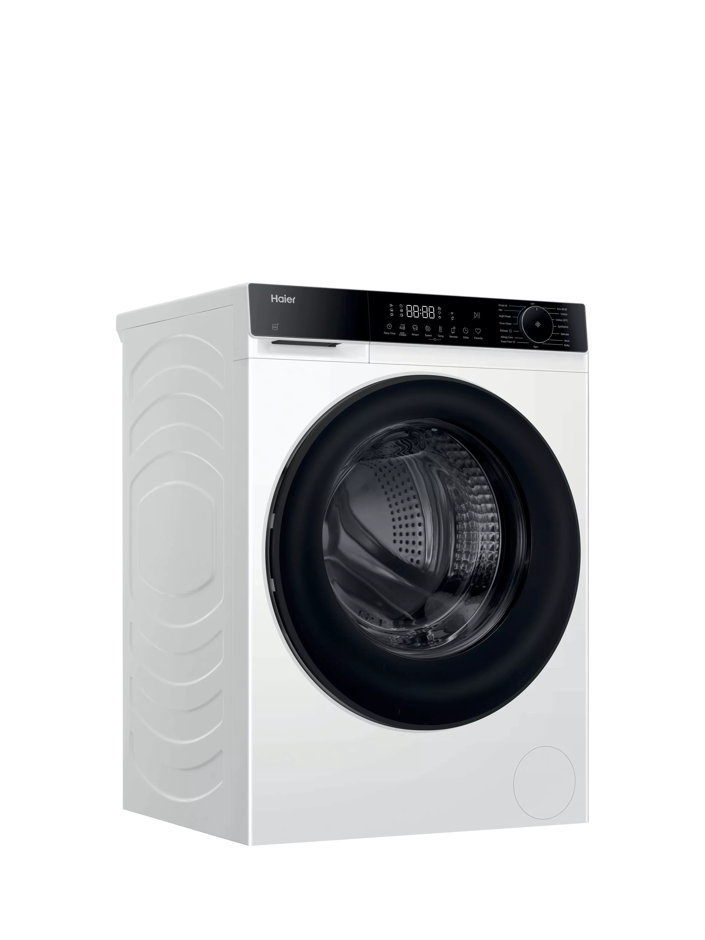 White Beko front-loading washing machine with digital display, control dial and large black-trim door.