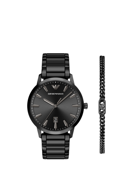 Emporio Armani AR80089SET Men's 43mm Round Bracelet Strap Watch, Black, Black
