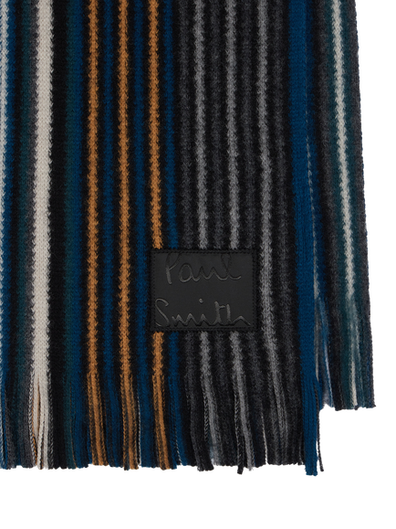 Paul Smith Wool Double Sided Stripe Scarf, Blue Mid - view 2, Blue Mid