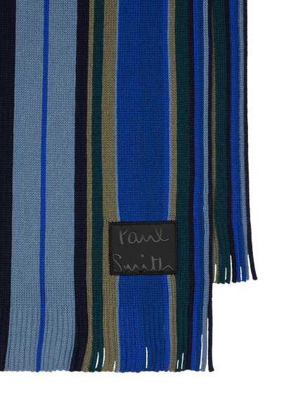 Paul Smith Wool Twisted Stripe Scarf, Blue Mid - view 2, Blue Mid
