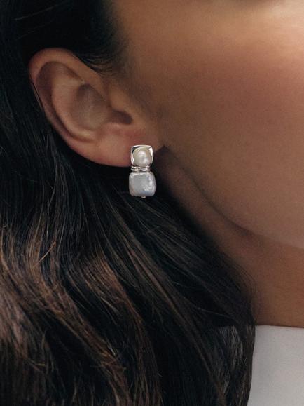 Missoma Square Pearl Statement Earrings - view 2, Silver