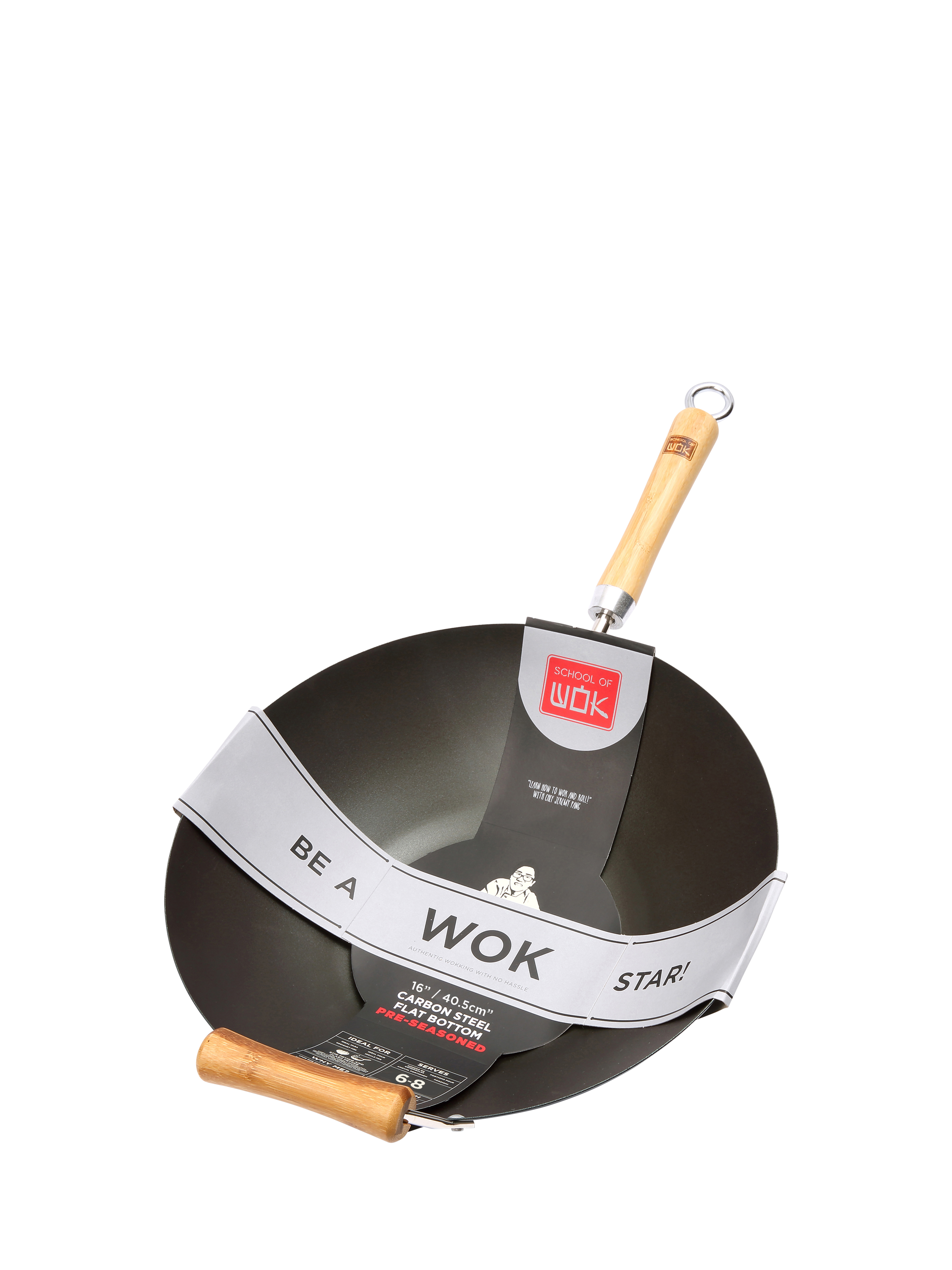 School Of Wok Flat Bottom Pre-Seasoned Carbon Steel Wok with Bamboo ...