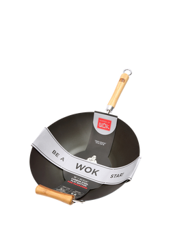 School Of Wok Flat Bottom Pre-Seasoned Carbon Steel Wok with Bamboo Handles, 40.5cm, Black