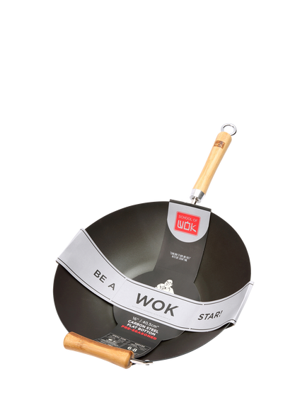 School Of Wok Flat Bottom Pre-Seasoned Carbon Steel Wok with Bamboo Handles, 40.5cm, Black