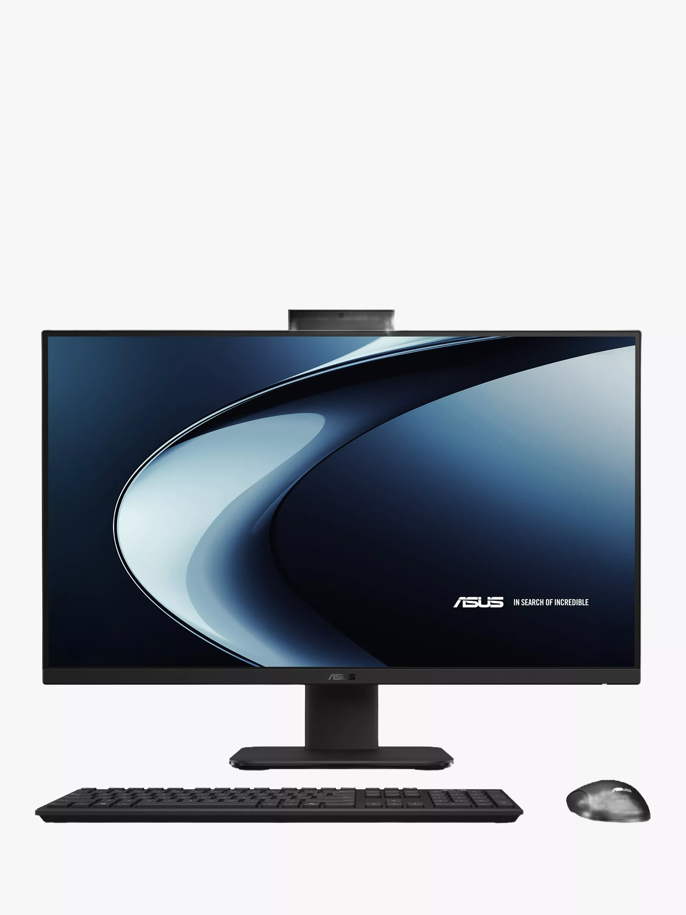 ASUS all-in-one desktop PC with widescreen monitor, pop-up webcam, keyboard and mouse on black background