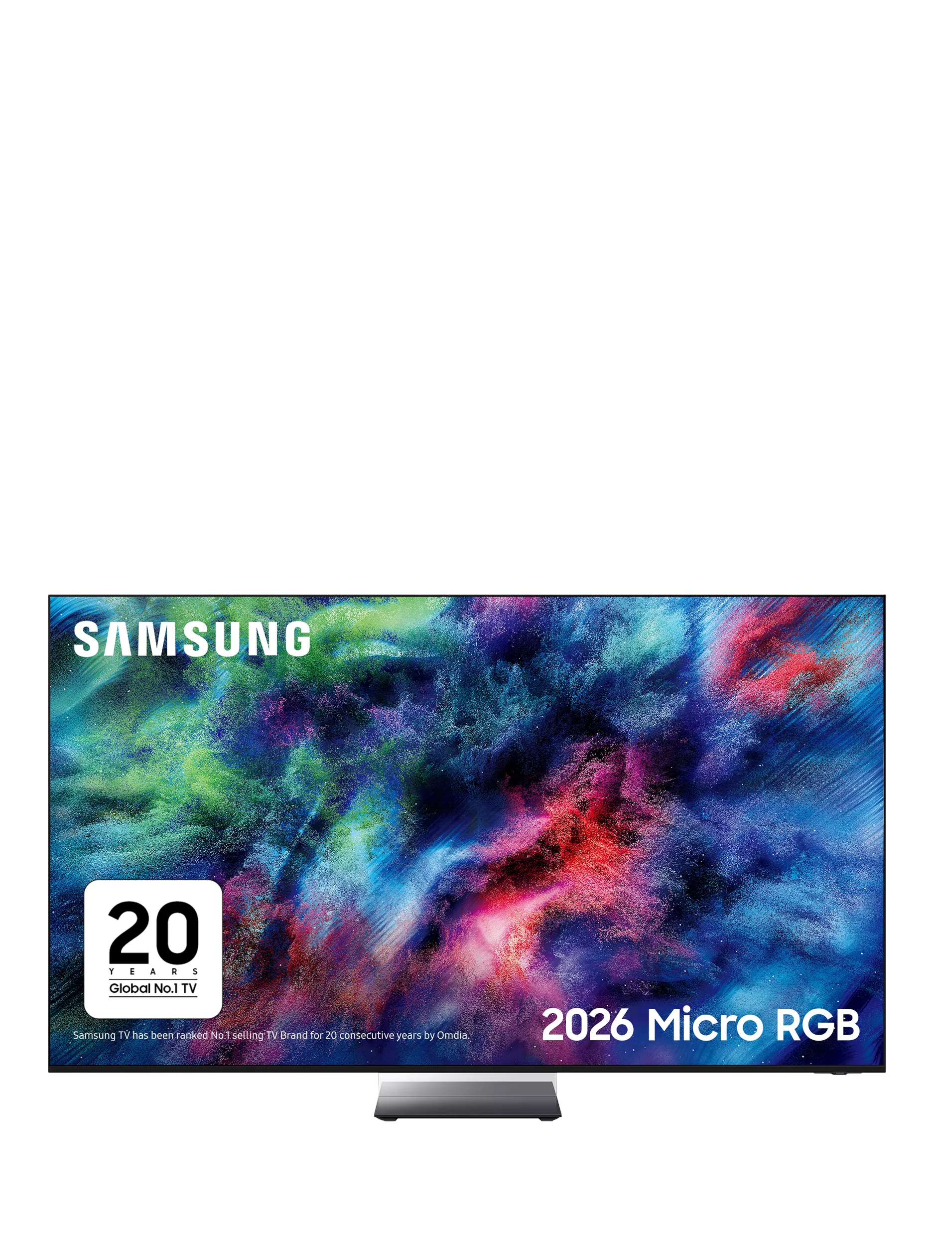 Samsung Micro RGB TV with colourful abstract display, 2026 Micro RGB text, and 20 years Global No.1 TV badge