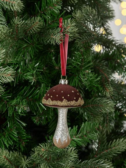John Lewis The Curator Flocked Mushroom Bauble, Red - view 2, Red