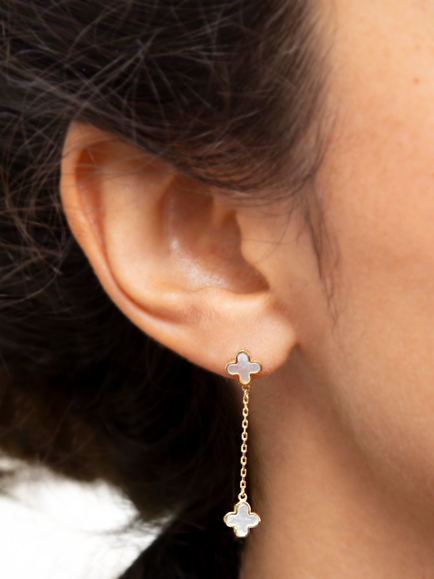 IBB 9ct Yellow Gold Clover Drop Stud Earrings - view 2, Yellow Gold