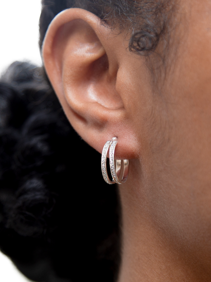 IBB Sterling Silver Stardust Double Hoop Earrings - view 2, Sterling Silver