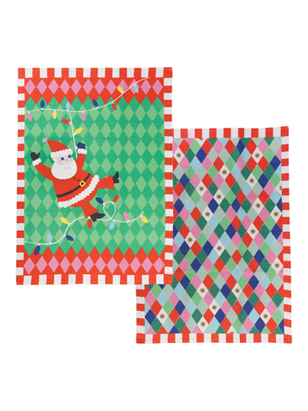 Talking Tables Fun Santa Tea Towel, Set of 2, Green/Red, Multi