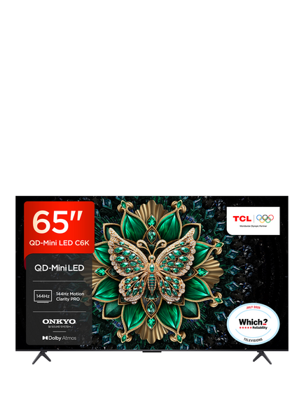 TCL 65C6K-UK (2025) QLED QD-Mini LED HDR 4K Ultra HD Smart TV, 65 inch with Dolby Atmos, Black, Black