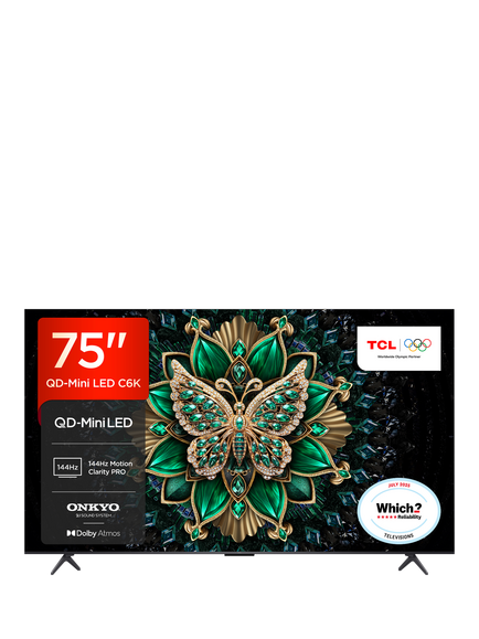 TCL 75C6K-UK (2025) QLED QD-Mini LED HDR 4K Ultra HD Smart TV, 75 inch with Dolby Atmos, Black, Black