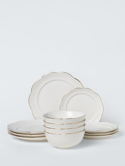 John Lewis Fleur Gold Rim Fine China Dinnerware Set, 12 Piece, White, White