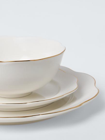 John Lewis Fleur Gold Rim Fine China Dinnerware Set, 12 Piece, White - view 2, White