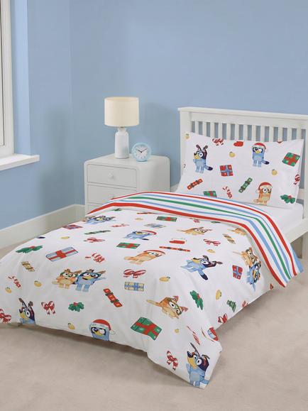 Bluey Christmas Pure Cotton Reversible Duvet Cover & Pillowcase Set, Cotbed, Natural