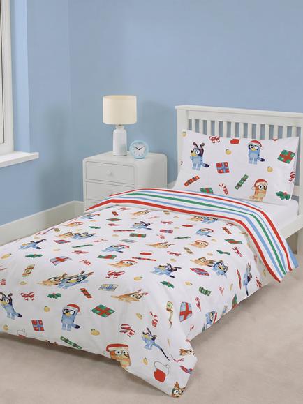 Brand Threads Bluey Christmas Pure Cotton Reversible Duvet Cover & Pillowcase Set, Single, Natural