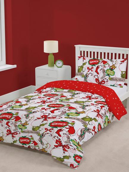Brand Threads Grinch Christmas Reversible Duvet Cover & Pillowcase Set, Single, Multi