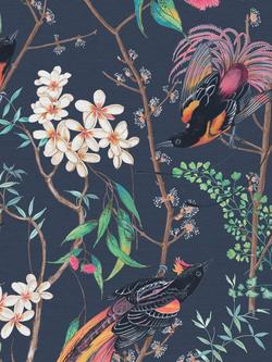 Graham & Brown Clavering Birds Wallpaper, Night, Blue
