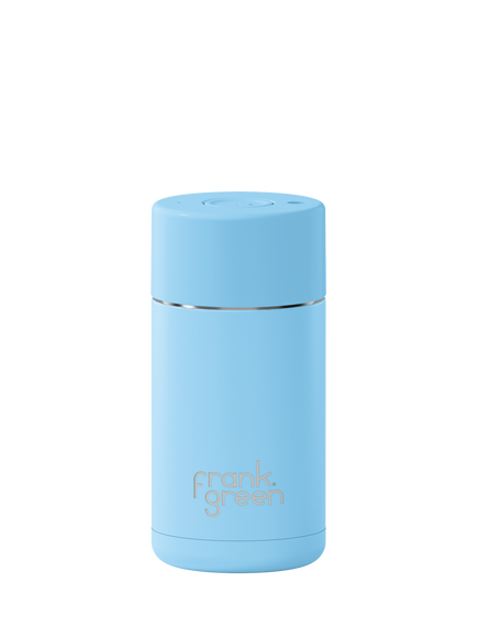 frank green Push Button Lid Ceramic Travel Mug, 355ml, Sky Blue