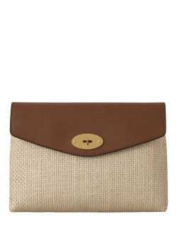 Mulberry Large Darley Raffia and Leather Pouch, Ecru/Bright Oak, Ecru/Bright Oak