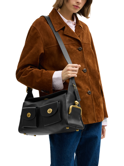 Coach Turnlock Haversack Leather Shoulder Bag, Black - view 2, B4/Black