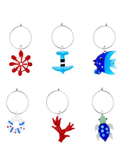 Uberstar Coastal Edition 3D Wine Glass Charms, Set of 6, Multi, Clear
