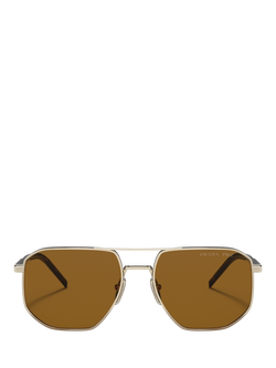 Prada PR 59YS Men's Polarised Irregular Sunglasses, Pale Gold/Brown - view 2, Pale Gold/Brown