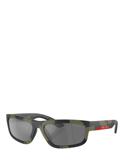 Prada PS 05ZS Men's Rectangular Sunglasses, Green Mimetic Rubbered/Mirror Grey, Green Mimetic Rubbered/Mirror Grey