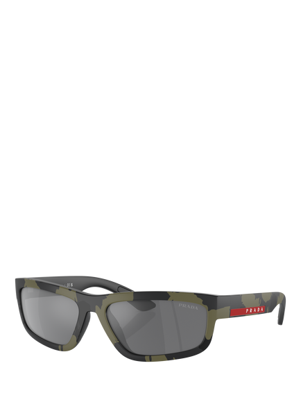 Prada PS 05ZS Men's Rectangular Sunglasses, Green Mimetic Rubbered/Mirror Grey, Green Mimetic Rubbered/Mirror Grey