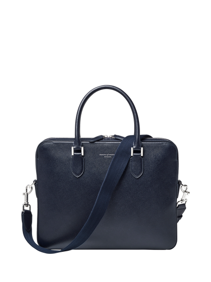 Aspinal of London Slim Leather Briefcase, Navy, Navy