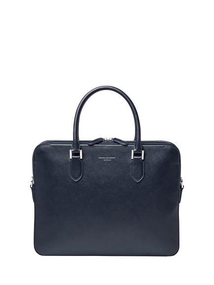 Aspinal of London Slim Leather Briefcase, Navy - view 2, Navy