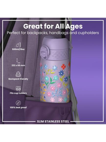 Ion8 Floral Stainless Steel Leak-Proof Drinks Bottle, 600ml, Purple - view 2, Multi