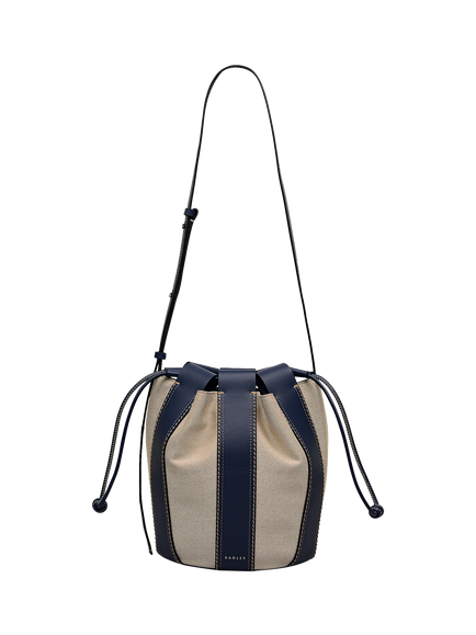 Radley The Flora Leather and Canvas Bucket Bag, Naval, Naval