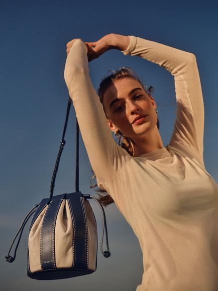 Radley The Flora Leather and Canvas Bucket Bag, Naval - view 2, Naval