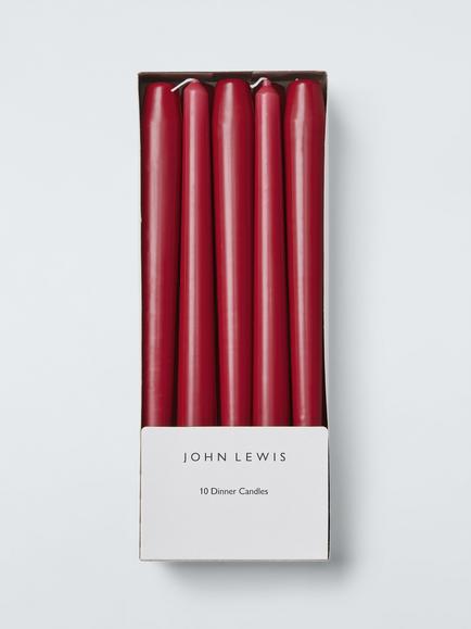 John Lewis Tapered Dinner Candles, Red, Pack of 10, Red