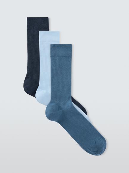 Colorful Standard Stretch Cotton Blend Ribbed Socks, Pack of 3, Blue Multi, Blue Multi