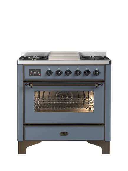 ILVE Majestic Milano M09FDNE3 90cm Dual Fuel Range Cooker with Gas Hob, Blue Grey & Bronze