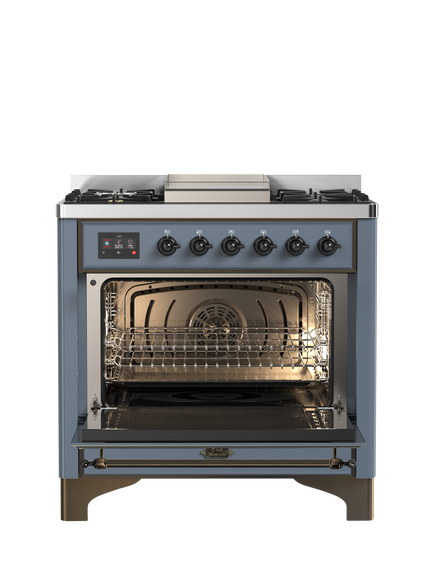 ILVE Majestic Milano M09FDNE3 90cm Dual Fuel Range Cooker with Gas Hob - view 2, Blue Grey & Bronze