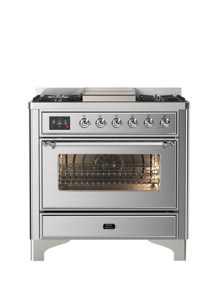 ILVE Majestic Milano M09FDNE3 90cm Dual Fuel Range Cooker with Gas Hob, Stainless Steel & Chrome