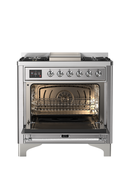 ILVE Majestic Milano M09FDNE3 90cm Dual Fuel Range Cooker with Gas Hob - view 2, Stainless Steel & Chrome
