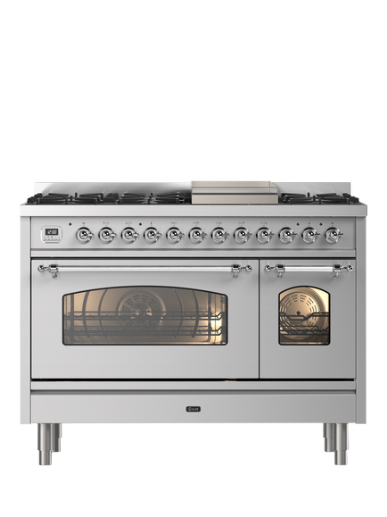 ILVE Milano P12FNE3 120cm Dual Fuel Range Cooker with Gas Hob, Stainless Steel & Chrome