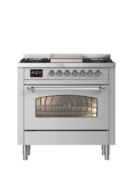 ILVE Milano P36FDDNSY 90cm Dual Fuel Range Cooker with Gas Hob, Stainless Steel & Chrome