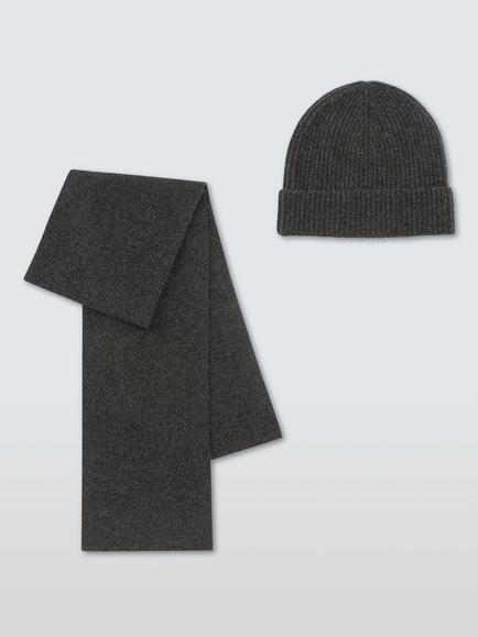 John Lewis Cashmere Beanie Hat & Scarf Gift Set, Charcoal, Charcoal
