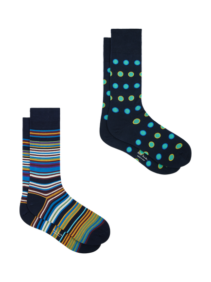 Paul Smith Cotton Rich Stripe & Spot Crew Socks, Pack of 2, Blue Navy, Blue Navy