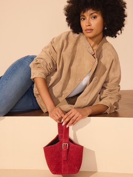 Mint Velvet Lola Suede Woven Bucket Bag, Red - view 2, Red