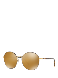 Burberry BE3094 Women's Polarised Round Sunglasses, Light Gold/Mirror Brown, Light Gold/Mirror Brown