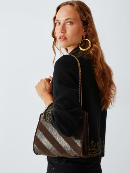 John Lewis x RIXO Evara Snake Leather Shoulder Bag, Chocolate - view 2, Choc / Snake