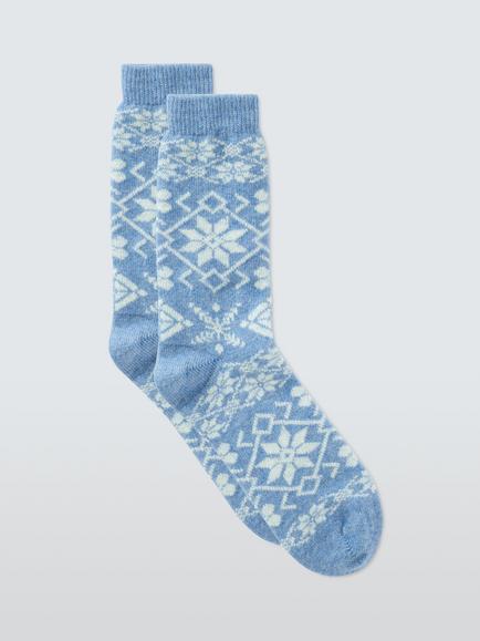 John Lewis Snowflake Socks with Cashmere, Blue / Cream