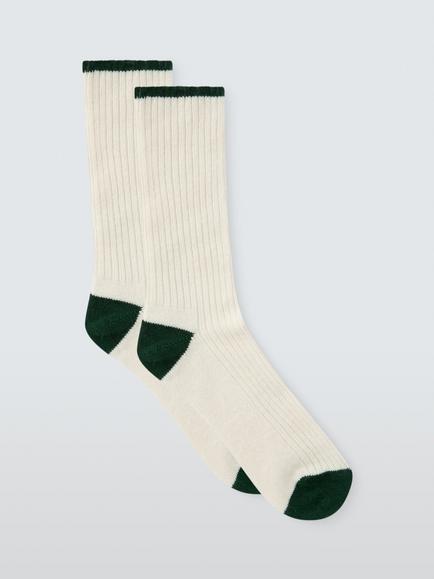 John Lewis Ribbed Contrast Heel & Toe Ankle Socks, Cream/Green